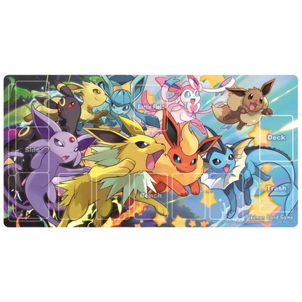 Pokemon TCG playmat that features all of Eevee's evolutions dashing into battle!