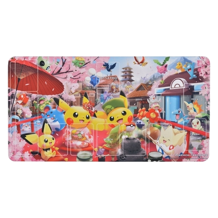 Pokemon TCG playmat featuring Pikachu and friends in Kyoto celebrating with a ceremonial tea party!