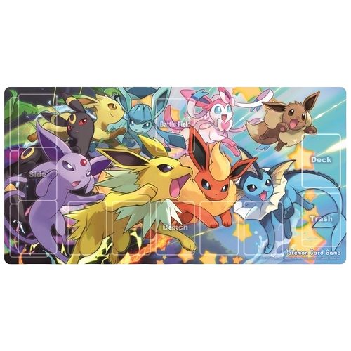 Pokemon TCG playmat that features all of Eevee's evolutions dashing into battle!