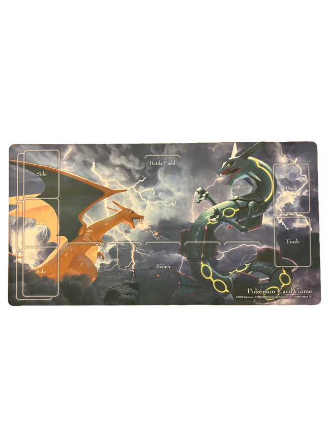 Playmat from Pokemon Center Japan depicting Charizard and Rayquaza in battle.