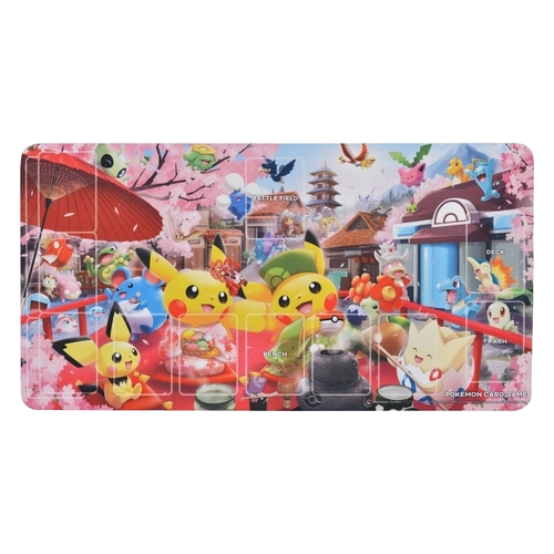 Pokemon TCG playmat featuring Pikachu and friends in Kyoto celebrating with a ceremonial tea party!