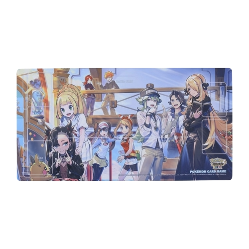Playmat for the Pokemon TCG featuring trainers Cynthia, N, Lillie, Rosa, Marnie, and more!