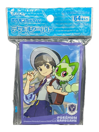 Pokémon Center Japan card sleeves featuring trainer Florian and Sprigatito