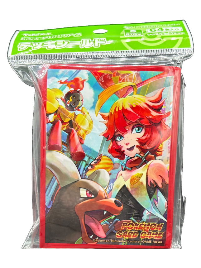 Pokémon Center Japan card sleeves featuring trainer Mela with Houndoom