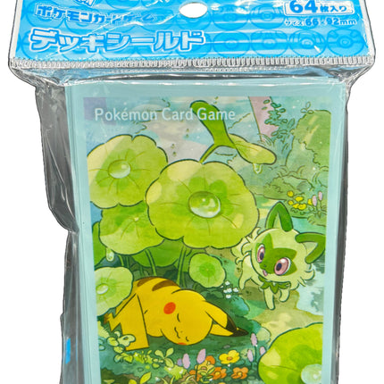 Pokémon Center Japan card sleeves featuring Pikachu and Sprigatito.