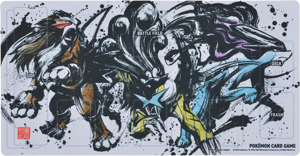 Playmat with Entei, Raikou, and Suicune in japanese ink art.