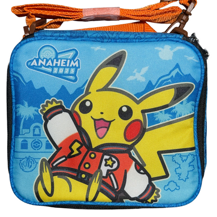 Pikachu character on a blue pouch with Anaheim logo