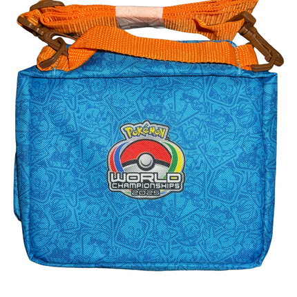 Blue bag with orange strap featuring a Pokémon World Championships logo on a white background