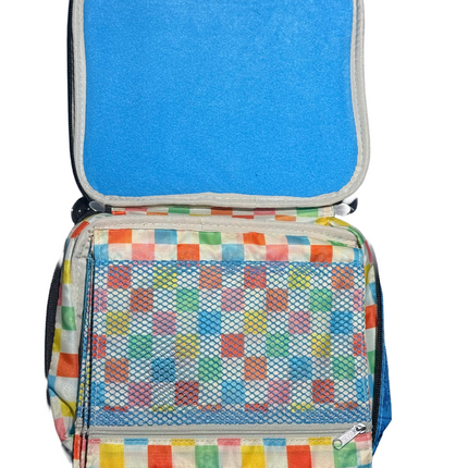 Colorful checkered cooler bag with blue interior on a white background